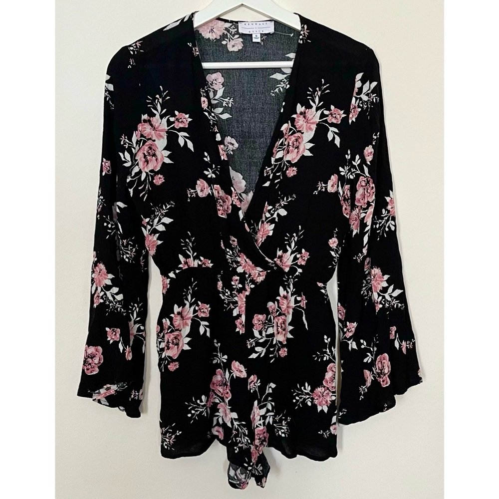 Kendall & Kylie • S • Long Flare Sleeve Black Floral Romper Wrap Style Top